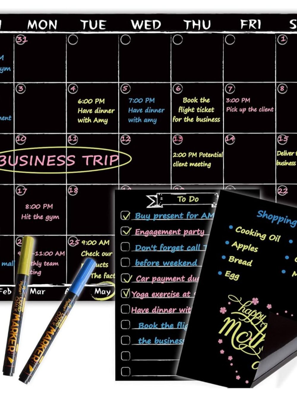 Magnetic Chalkboard Monthly Calendar with neon Bright Liquid Chalk Markers – Bla